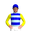 LIGHT BLUE, MEDIUM BLUE HOOPS, YELLOW SLEEVES, MEDIUM BLUE CAP 