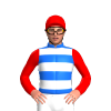 Blue, White Hoops, Red Sleeves And Cap