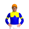 YELLOW, MEDIUM BLUE HALVES, MEDIUM BLUE DIAMOND BAND, MEDIUM BLUE SLEEVES, YELLOW ARMBANDS, Orange cap