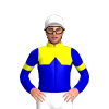 YELLOW, MEDIUM BLUE HALVES, MEDIUM BLUE DIAMOND BAND, MEDIUM BLUE SLEEVES, YELLOW ARMBANDS, White cap