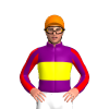 PURPLE, YELLOW BAND, PURPLE SLEEVES, RED  STRIPES, Orange cap