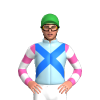 LIGHT BLUE,BLUE CROSSED SASH,HOT PINK SLEEVES,WHITE HOOPS, Green cap