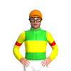LIME GREEN, YELLOW BAND, YELLOW SLEEVES, RED ARMBANDS, Orange cap
