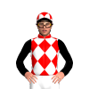 RED, WHITE CHECKED DIAMOND CHECKS, BLACK SLEEVES, RED CAP,WHITE DIAMONDS, BLACK PEAK