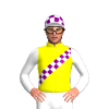 Yellow, Purple And White Checked Sash, White Sleeves, White And Purple Checked Cap