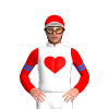 WHITE, RED HEART, RED SLEEVES, BLUE AND WHITE ARMBAND, RED CAP, BLUE CIRCLE ,WHITE PEAK