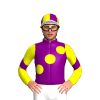 PURPLE, YELLOW SPOTS SASH, YELLOW SLEEVES, PURPLE CHEVRON, QUARTERS CAP, WHITE PEAK