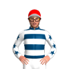 INDIGO, WHITE HOOPS, SLEEVES, INDIGO STARS, RED CAP, WHITE PEAK