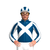 INDIGO, WHITE CROSSED SASHES, INDIGO SLEEVES, WHITE STRIPES, INDIGO CAP, WHITE STRIPES, PEAK