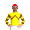 YELLOW, BROWN ZIGZAG CHEVRON, HOOPS SLEEVES, RED CAP, WHITE PEAK