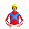 RED,BLUE CROSSED SASH,RED SLEEVES,WHITE STRIPES, Yellow cap