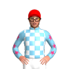 SKY BLUE, WHITE CHECKS, SKY BLUE SLEEVES, PINK STARS, Red cap