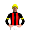 BLACK, RED STRIPES ,BLACK SLEEVES,YELLOW ARM BAND, Yellow cap