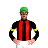 BLACK, RED STRIPES ,BLACK SLEEVES,YELLOW ARM BAND, Green cap