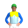 YELLOW, LIGHT BLUE HALVES, LIGHT BLUE DIAMOND BAND, BLUE SLEEVES, Green cap