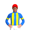 BLUE, YELLOW STRIPES, BLUE SLEEVES, YELLOW ARMBANDS, Red cap