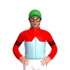 RED,LIGHT BLUE HALVED, LIGHT BLUE DIAMOND BAND, RED SLEEVES, BLACK DOUBLE ARMBANDS, Green cap