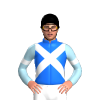 BLUE, WHITE CROSSED SASHES, LIGHT BLUE SLEEVES, WHITE ARMBAND, Black cap